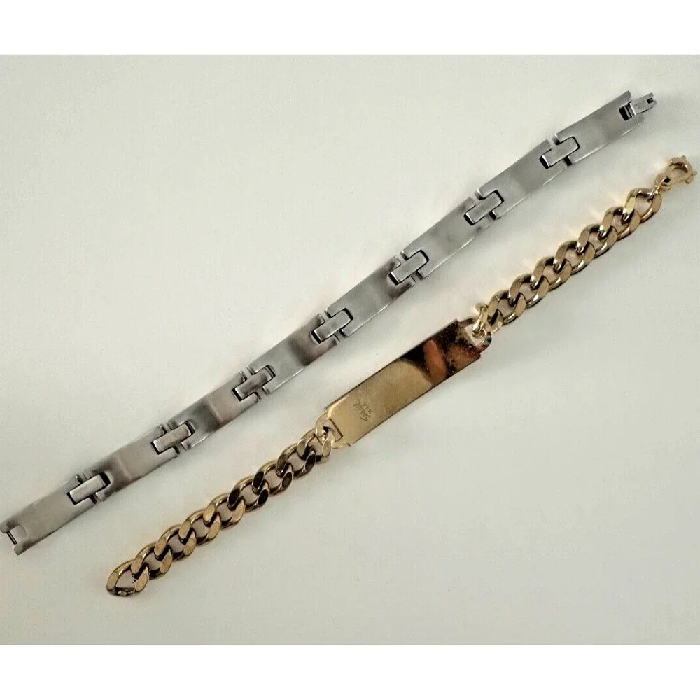 Mens Speidel ID Bracelet Nic Gold Tone Curb Link Stainless Steel Links Set 2